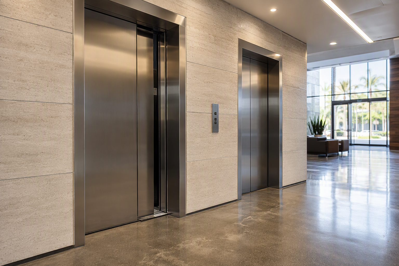 Commercial office building elevator bank in Phoenix AZ showing door misalignment and leveling failure — common elevator problems requiring repair or modernization assessment.