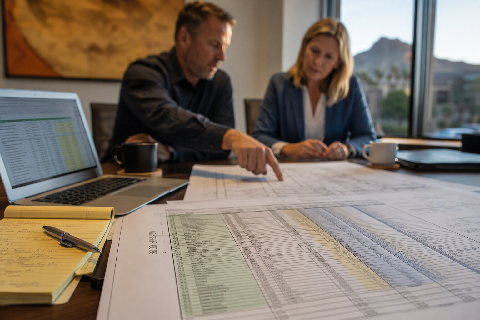 Building owner and engineer reviewing cost categories for adding a commercial elevator retrofit in Scottsdale AZ, including structural, equipment, ADA compliance, and permit line items.