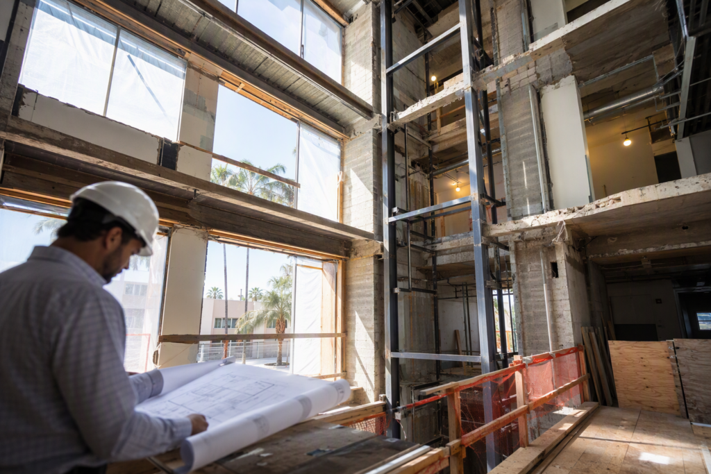 Hoistway shaft construction inside an existing commercial office building in Phoenix AZ, showing the structural retrofit work required to add an elevator to an existing building.
