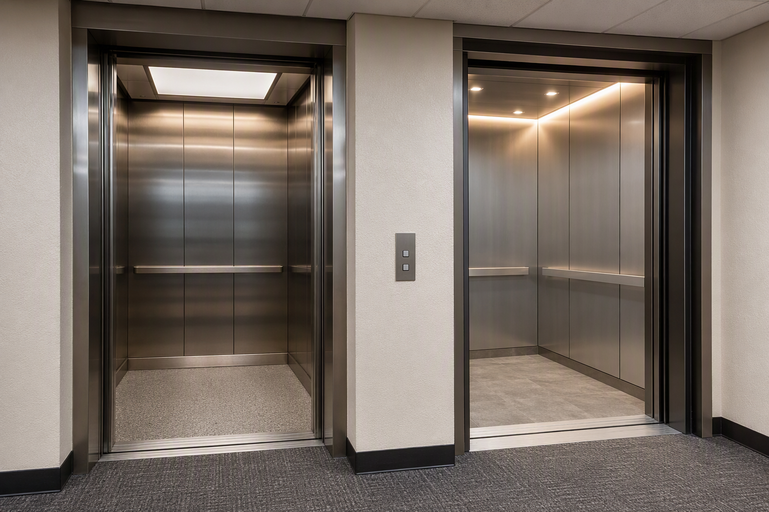 Side-by-side comparison of hydraulic and machine-room-less traction elevator cab interiors in an Arizona commercial building, showing differences in finish, fixtures, and overhead requirements.