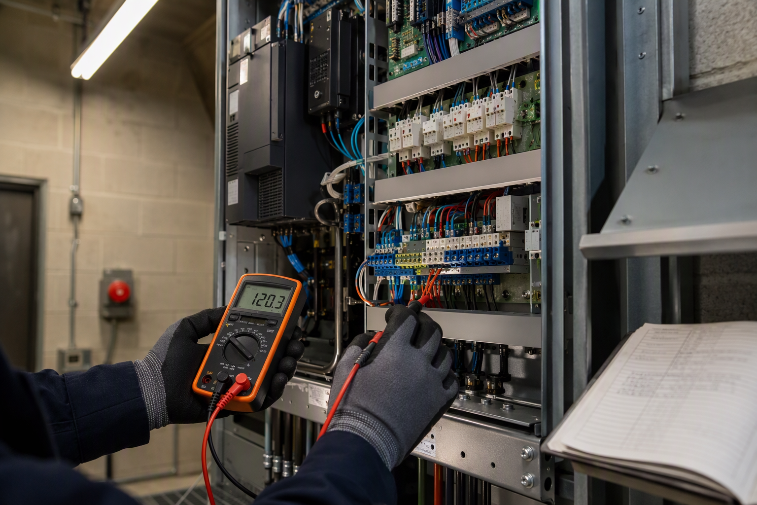 Controller Circuitry Check During Elevator PM Service Elevator technician using a multimeter to test controller circuitry during a preventative maintenance inspection inside an Arizona military base elevator machine room.