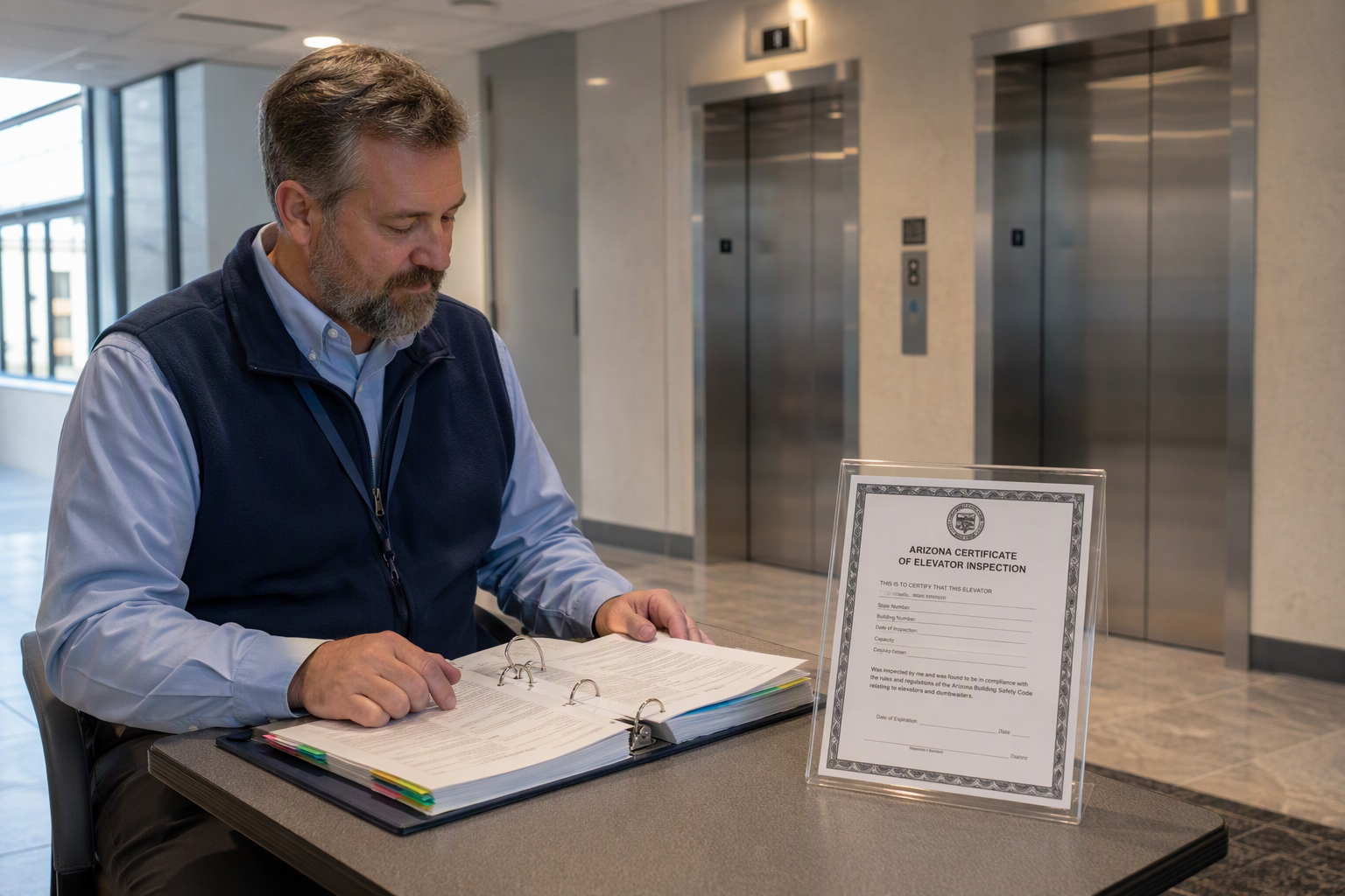 Arizona Elevator Compliance Certificate and Documentation Review Facilities manager reviewing Arizona elevator inspection certificate and compliance documentation next to an elevator lobby on a military installation in Arizona.