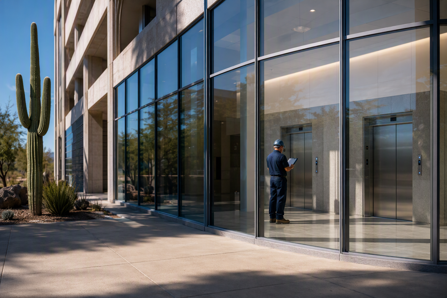 Military Base Elevator Preventative Maintenance – Arizona Elevator maintenance technician reviewing preventative maintenance logs at the entrance of an Arizona military base administrative building with stainless steel elevator doors visible inside.