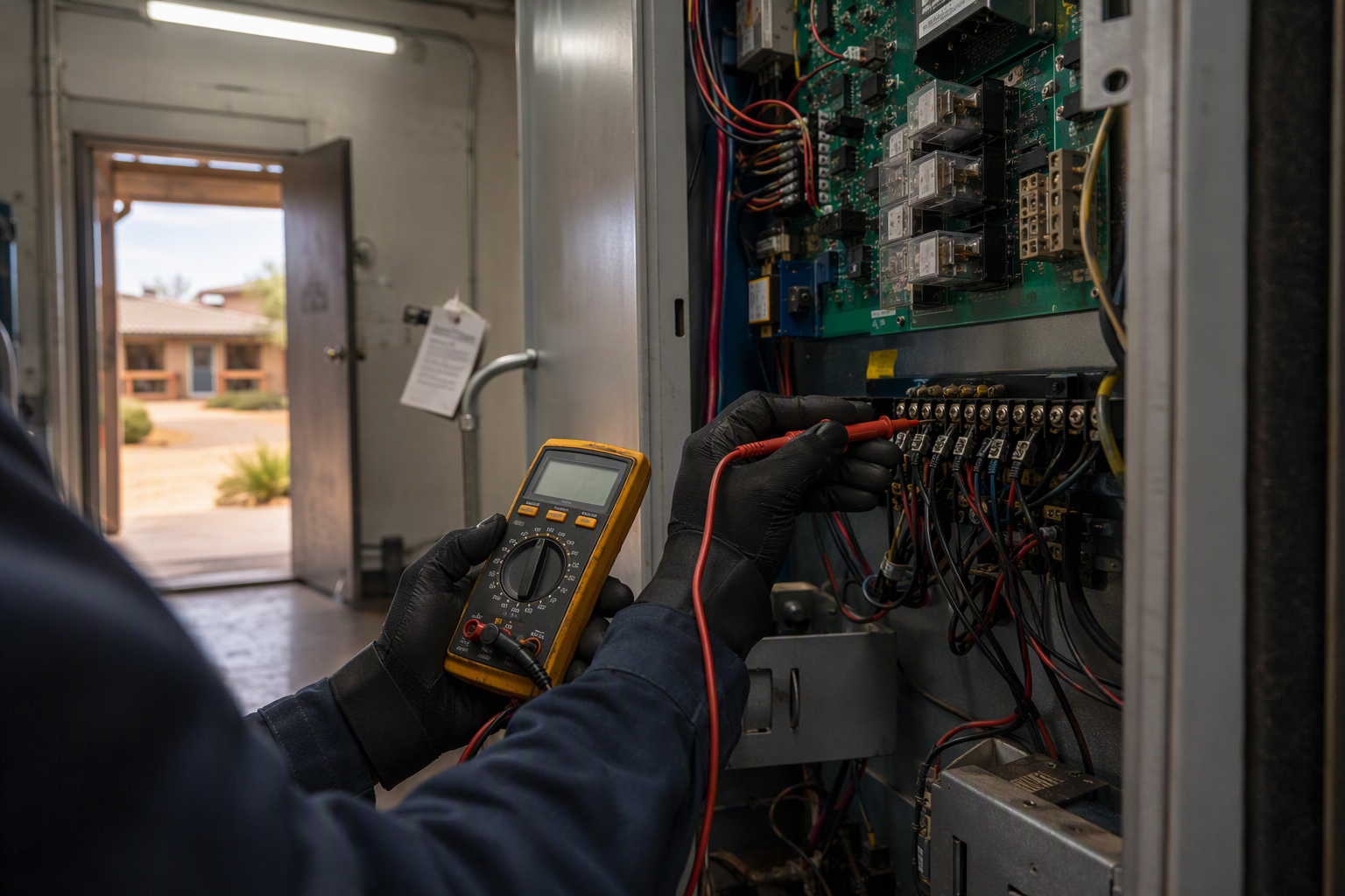 Elevator technician testing controller equipment in a machine room at a rural Arizona property, ensuring compliance with ASME A17.1 and ICA annual inspection requirements.