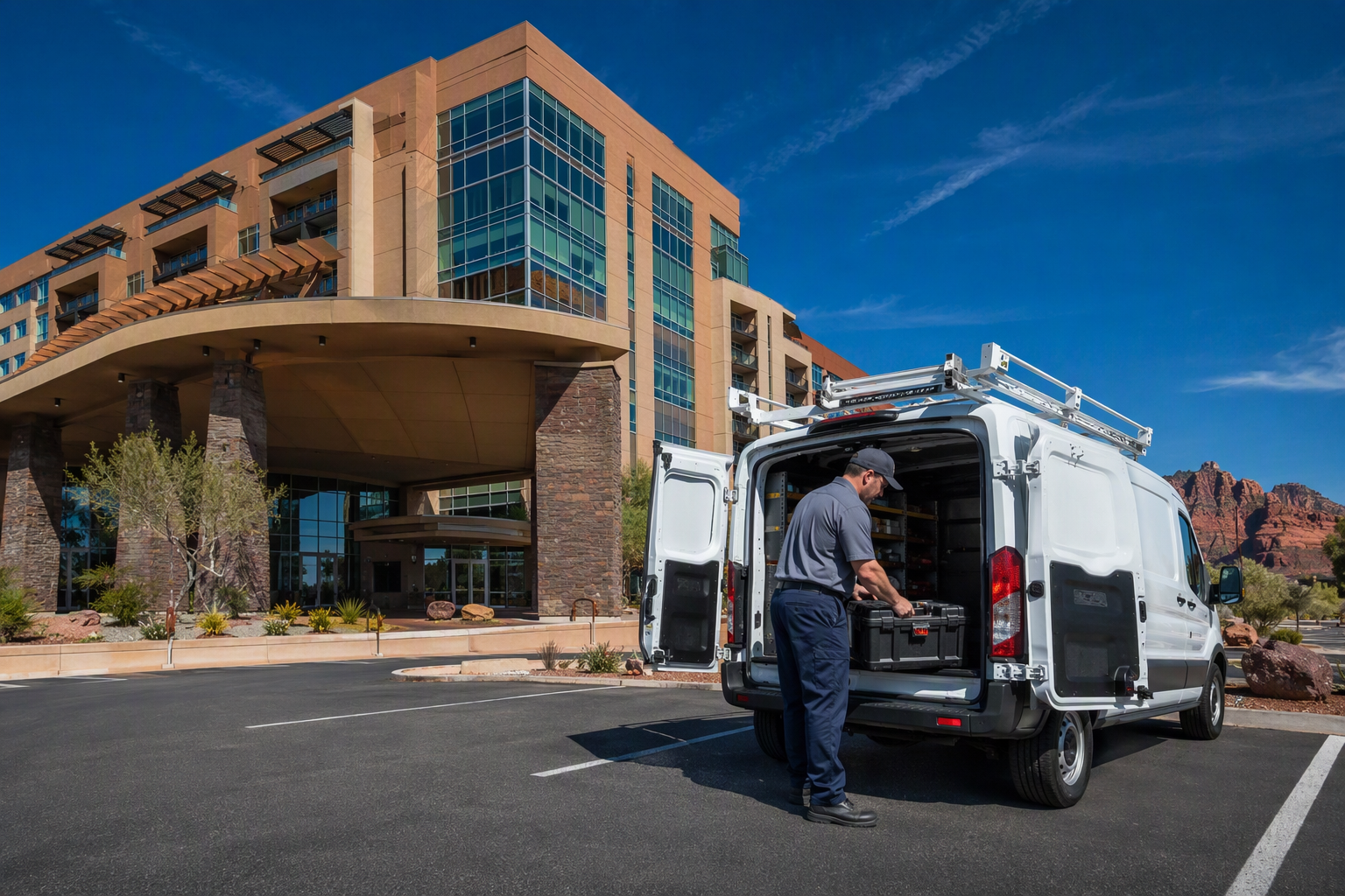 Elevator service technician arriving at a tribal facility in rural Arizona, representing statewide elevator maintenance and compliance coverage outside Phoenix and Tucson markets.