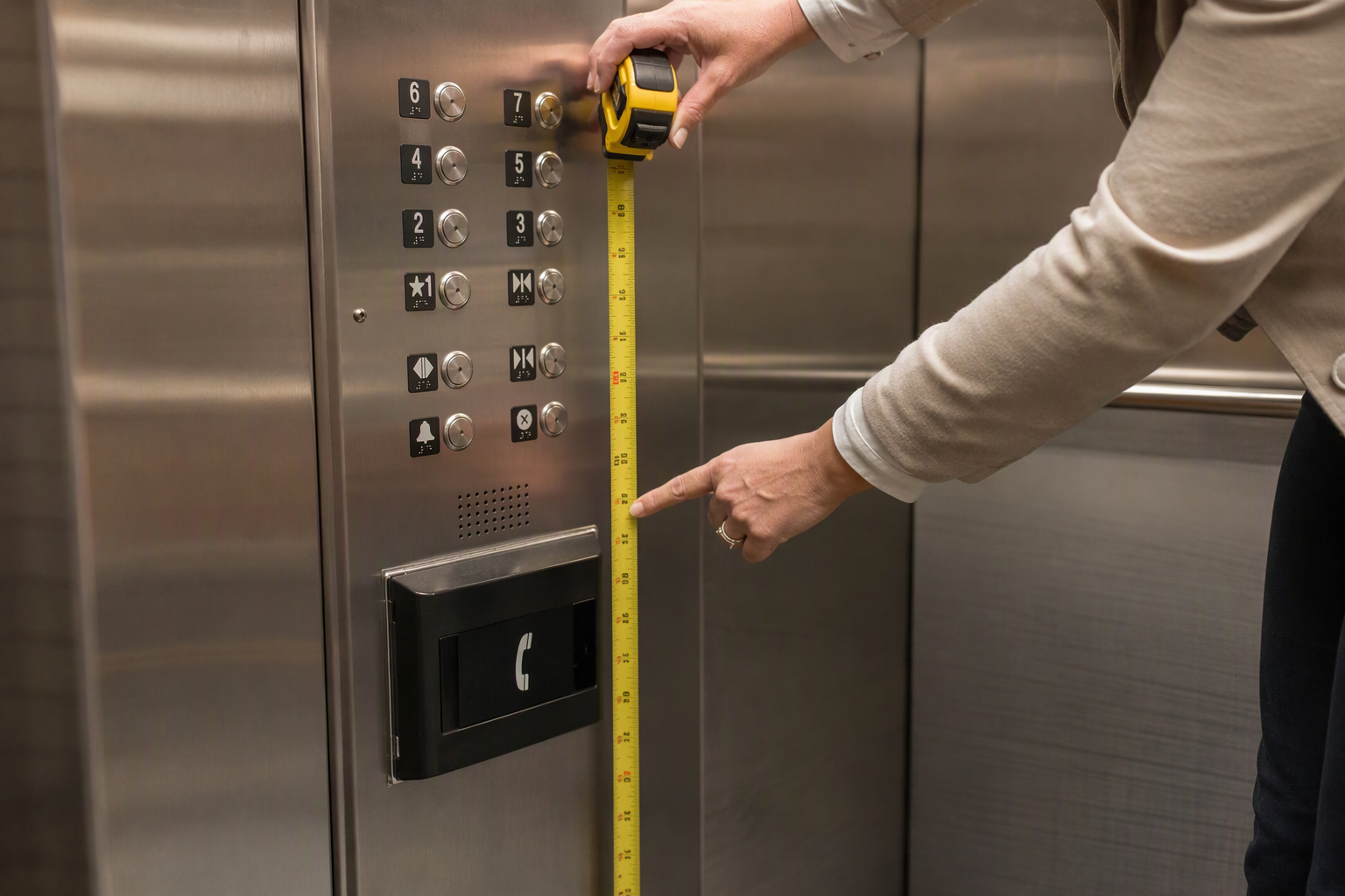Close-up of ADA-compliant elevator control panel with braille buttons being measured during an elevator accessibility consultation in Phoenix AZ