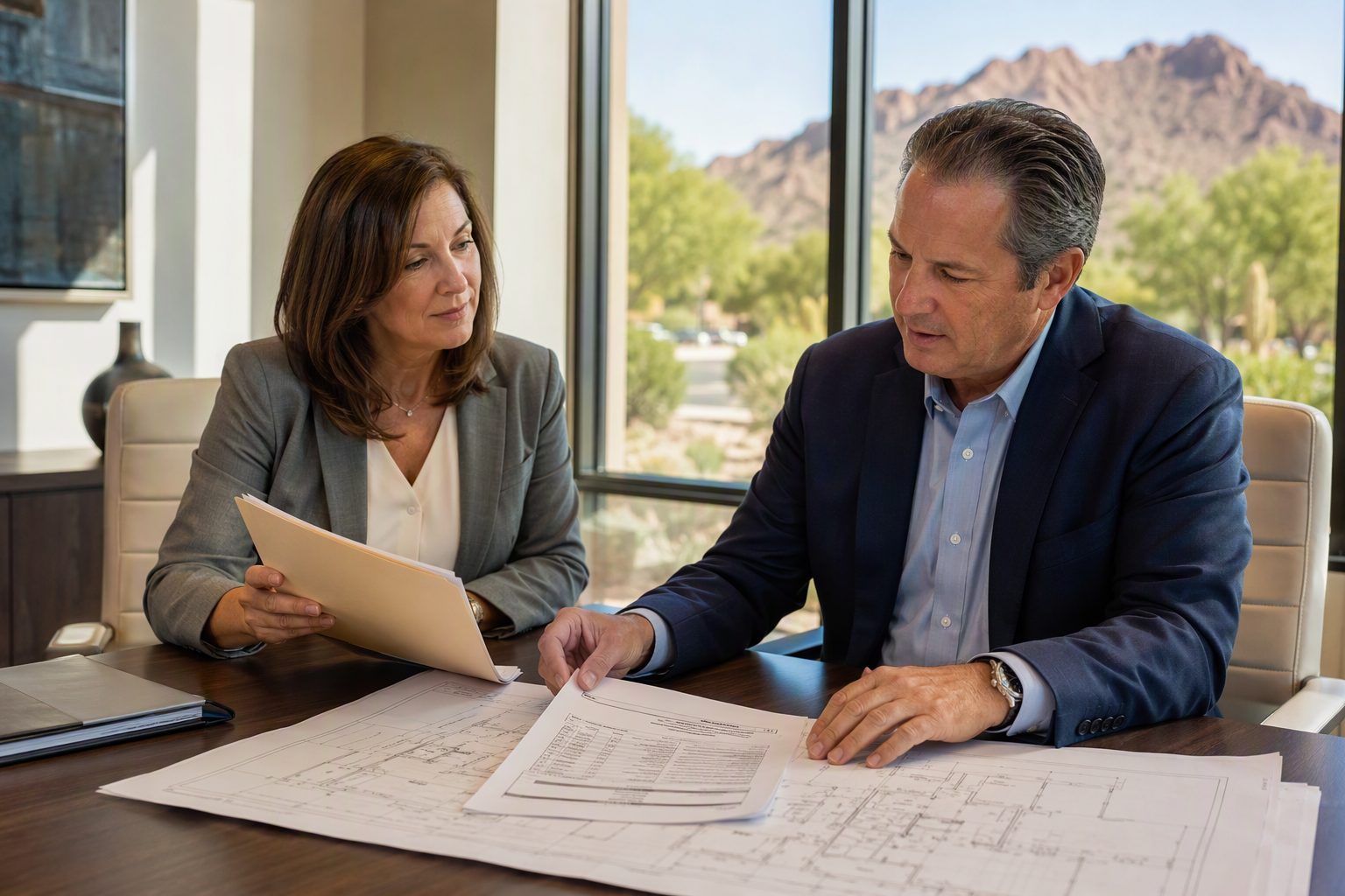 Phoenix AZ building property manager reviewing elevator accessibility consultation report and Arizona ICA inspection certificates with an elevator services consultant