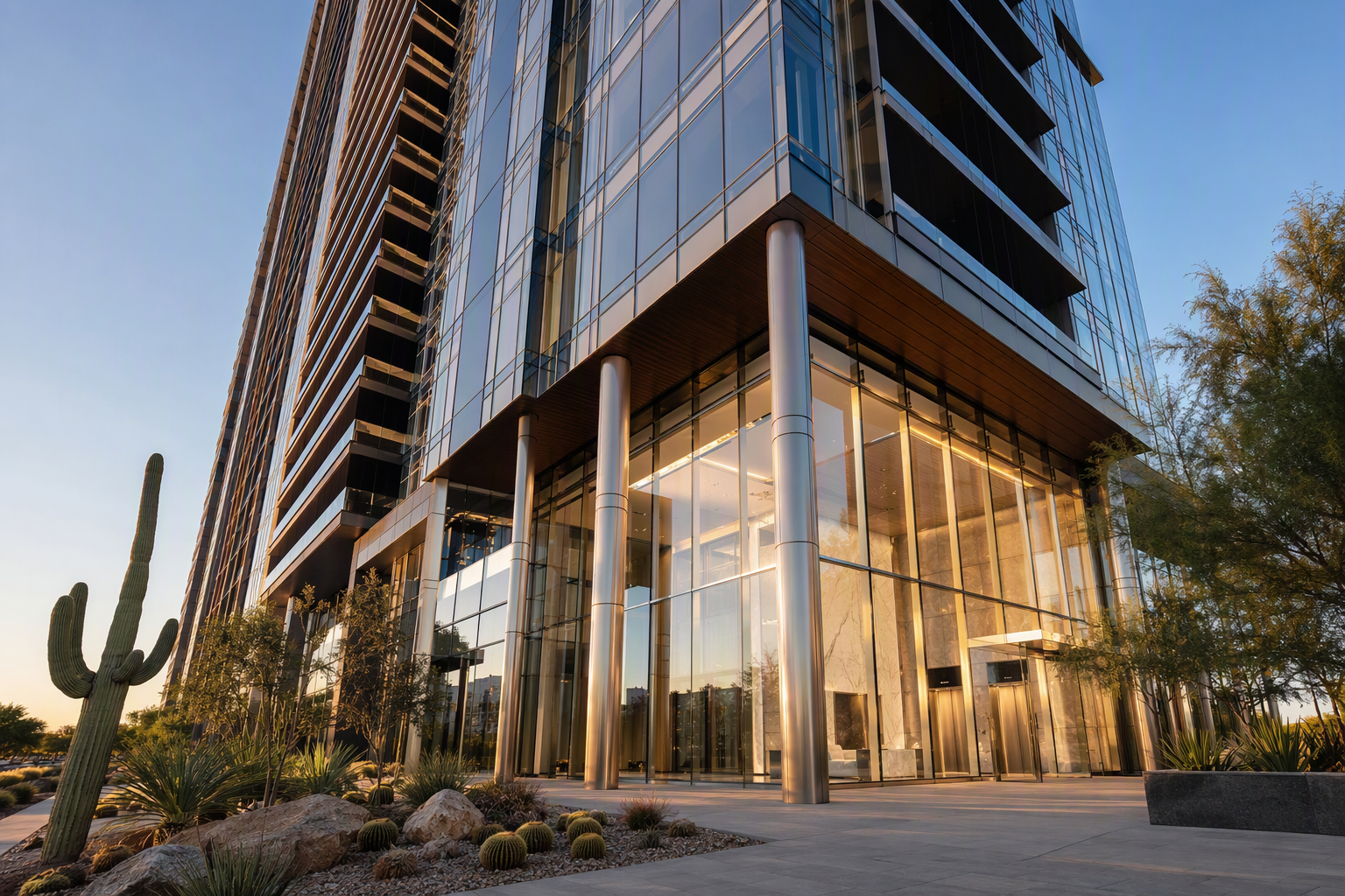 Modern Phoenix AZ commercial high-rise building exterior with elevator lobby visible through ground-floor windows, representing elevator companies in Phoenix