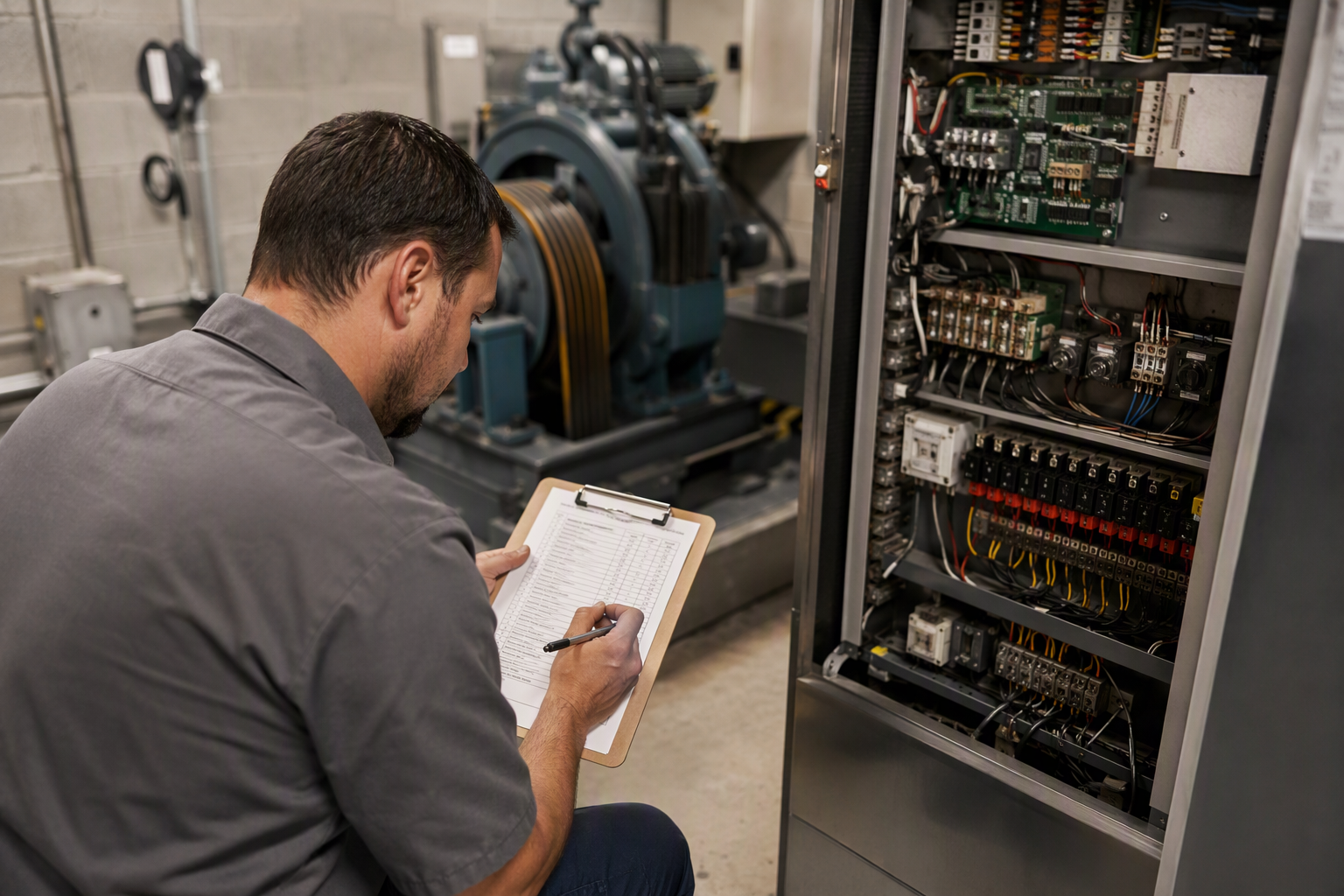 Licensed elevator mechanic reviewing inspection checklist inside a Phoenix AZ elevator machine room with controller cabinet and traction drive equipment visible