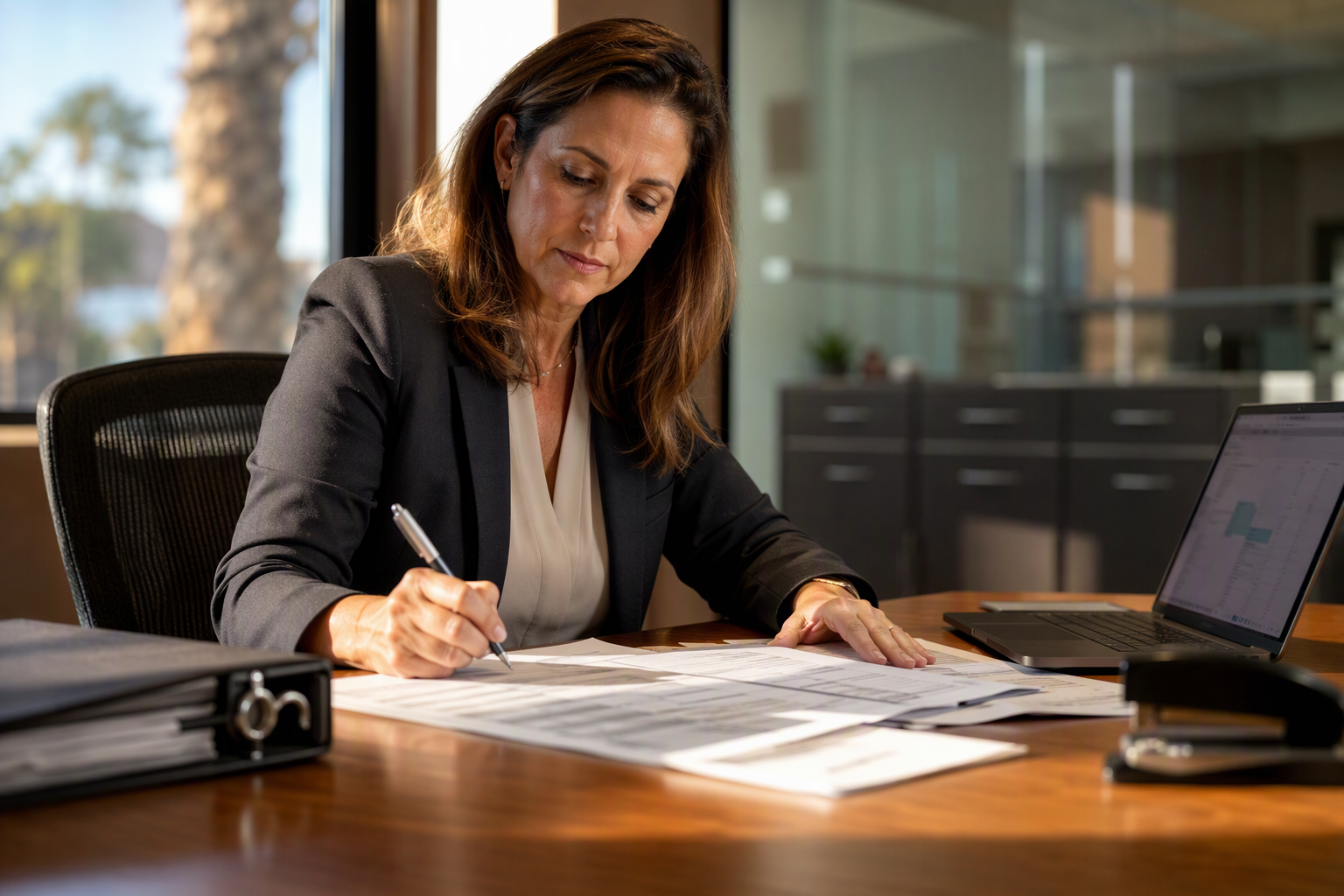 Assisted living facility administrator in Arizona reviewing elevator maintenance contract and inspection compliance documents at her office desk.
