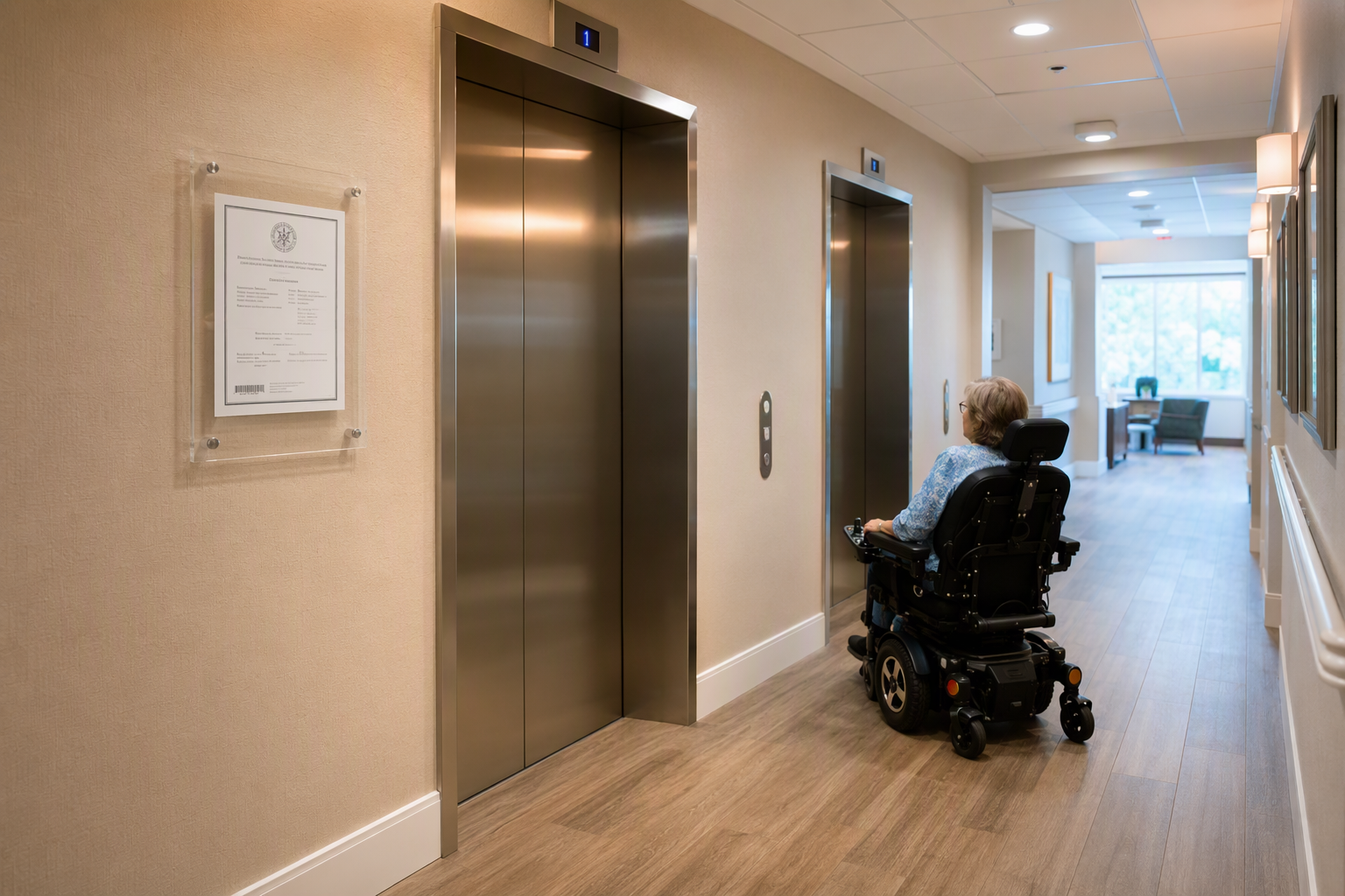 ADA-compliant elevator lobby in an Arizona assisted living facility showing state inspection certificate posted beside stainless steel cab doors, Phoenix metro area.