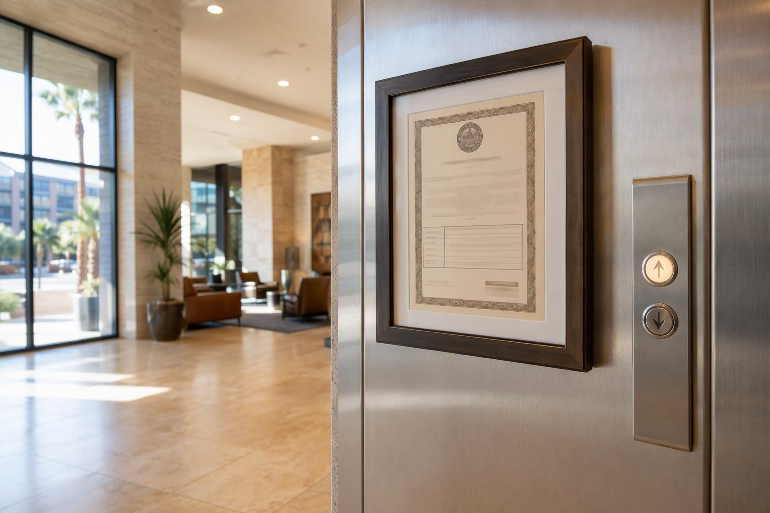 Arizona elevator compliance certificate of inspection displayed on brushed-steel wall panel beside commercial elevator call buttons in a Phoenix office building lobby.
