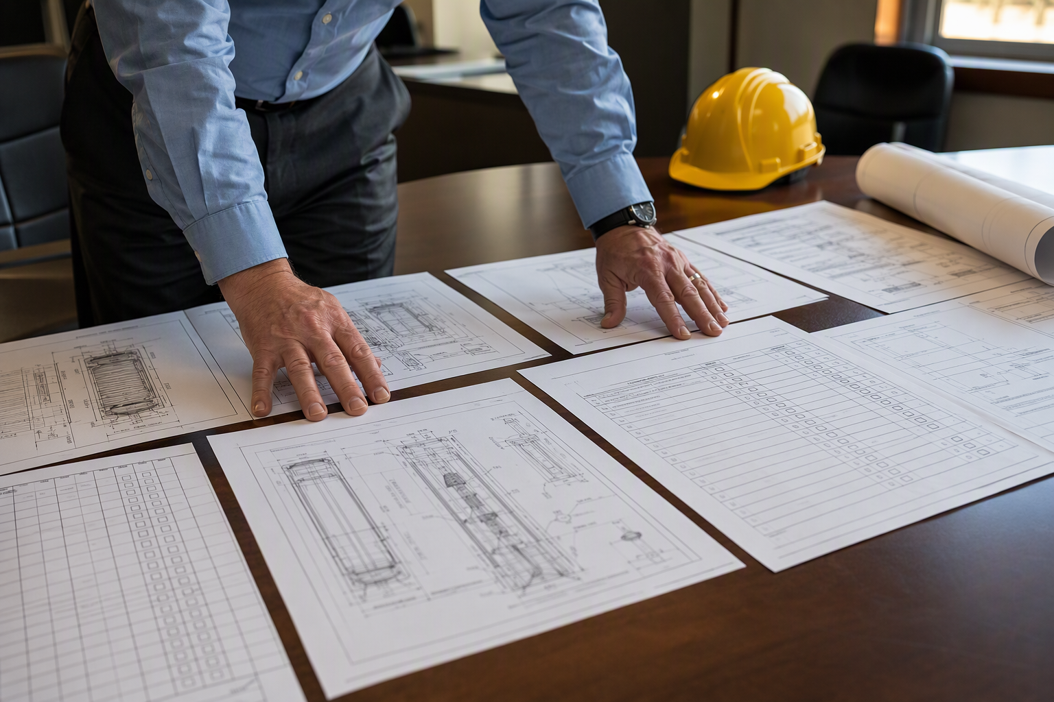 Building manager reviewing elevator compliance inspection documents and checklists on a conference table, representing owner responsibility under Arizona elevator regulations.