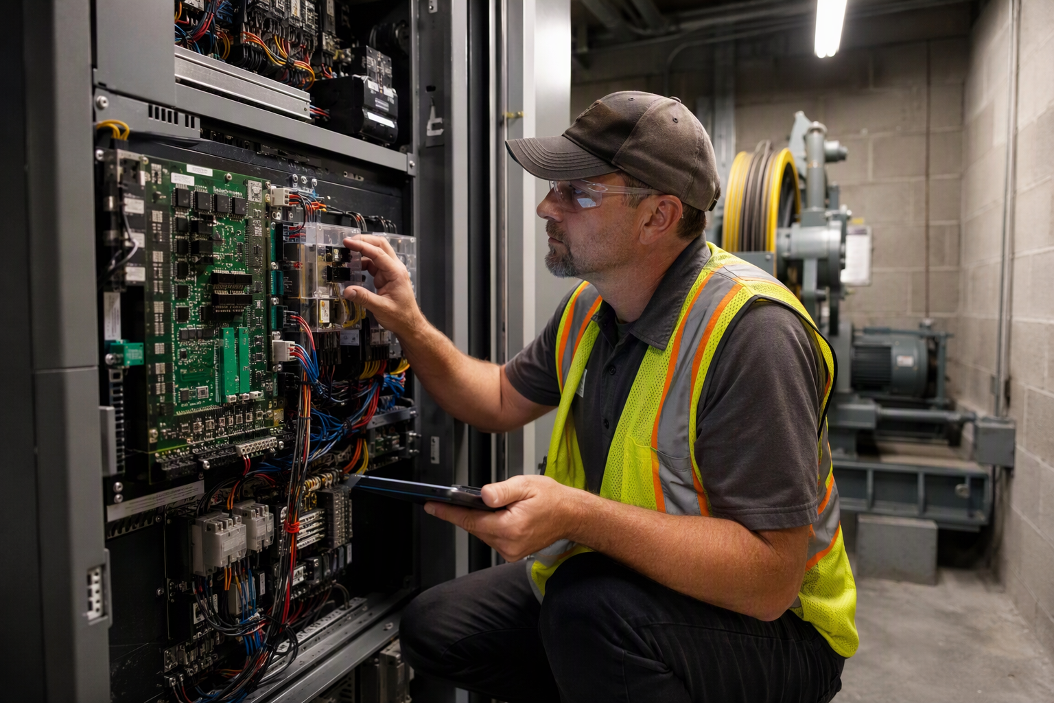 Licensed elevator inspector examining a traction elevator controller panel inside a machine room during an Arizona ASME A17.1 code compliance inspection.