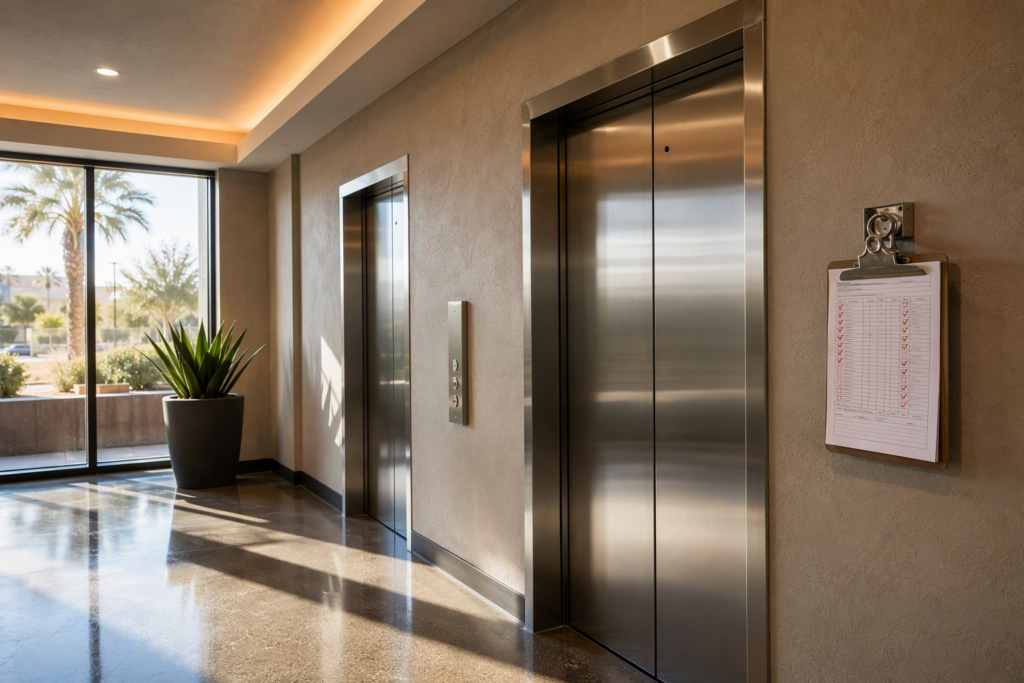 Arizona commercial elevator lobby with an inspection report clipboard mounted beside stainless-steel elevator doors, illustrating an elevator deficiency finding process.