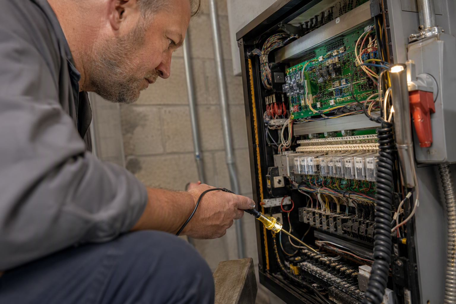 Elevator technician inspecting an aging controller cabinet in an Arizona machine room, identifying a Category A or B elevator deficiency in the electrical system.