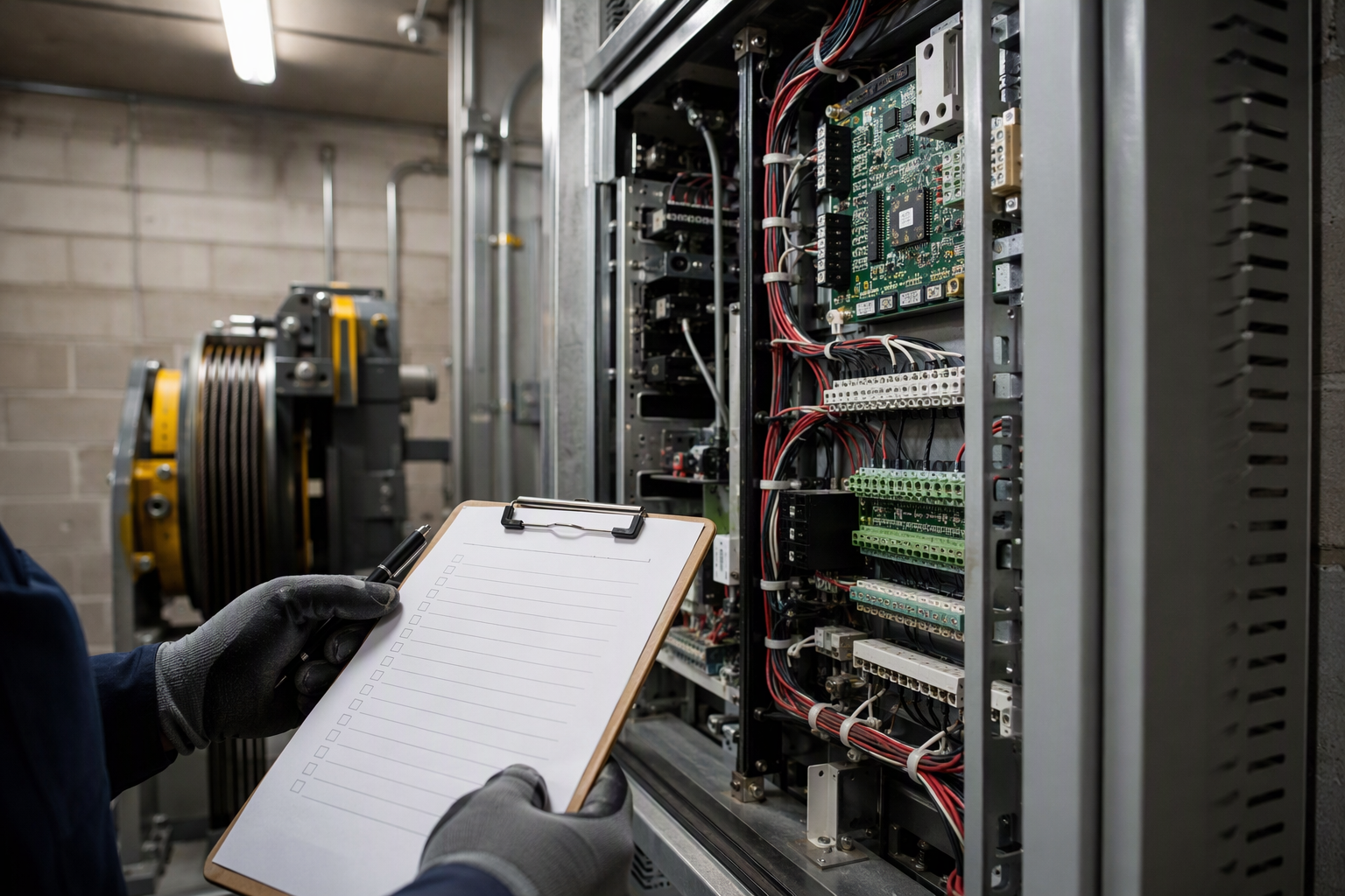 Elevator technician reviewing controller panel and inspection checklist inside a commercial building machine room in Scottsdale AZ