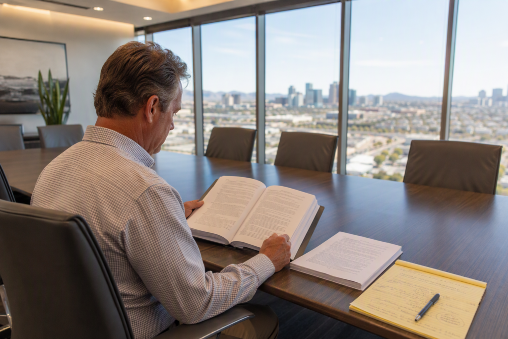 Building manager reviewing an elevator maintenance contract document at a conference table in a Phoenix AZ mid-rise office before signing