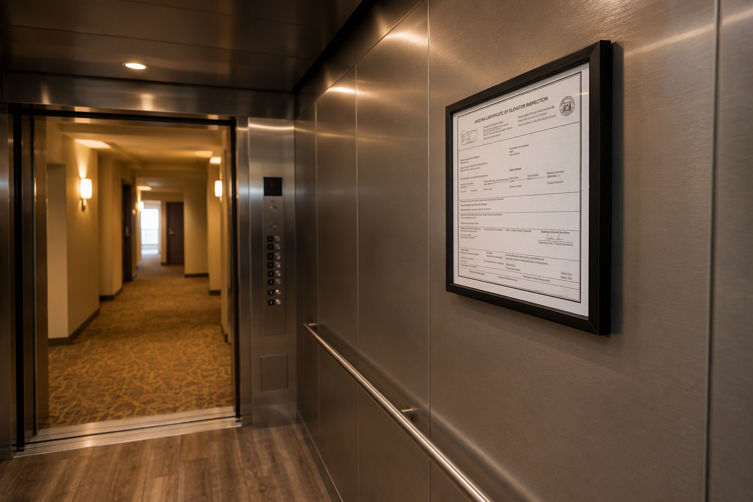 Arizona state elevator inspection certificate posted inside a residential mid-rise elevator cab in Mesa AZ as required by state law