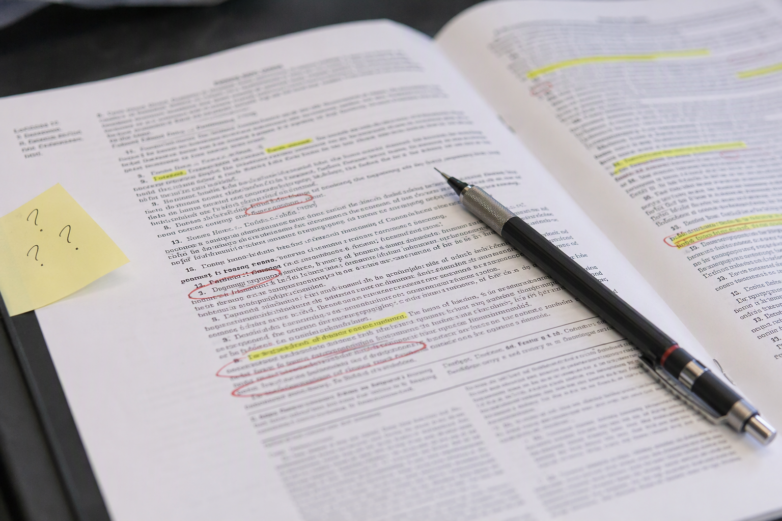 Key Contract Terms to Flag Before Renewal Close-up of elevator maintenance contract pages with highlighted clauses, red pen markings, and sticky notes flagging terms to negotiate