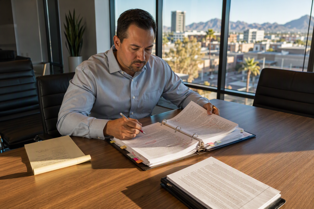 Building manager reviewing an elevator maintenance contract renewal with flagged clauses and red pen markings at a Phoenix AZ office desk