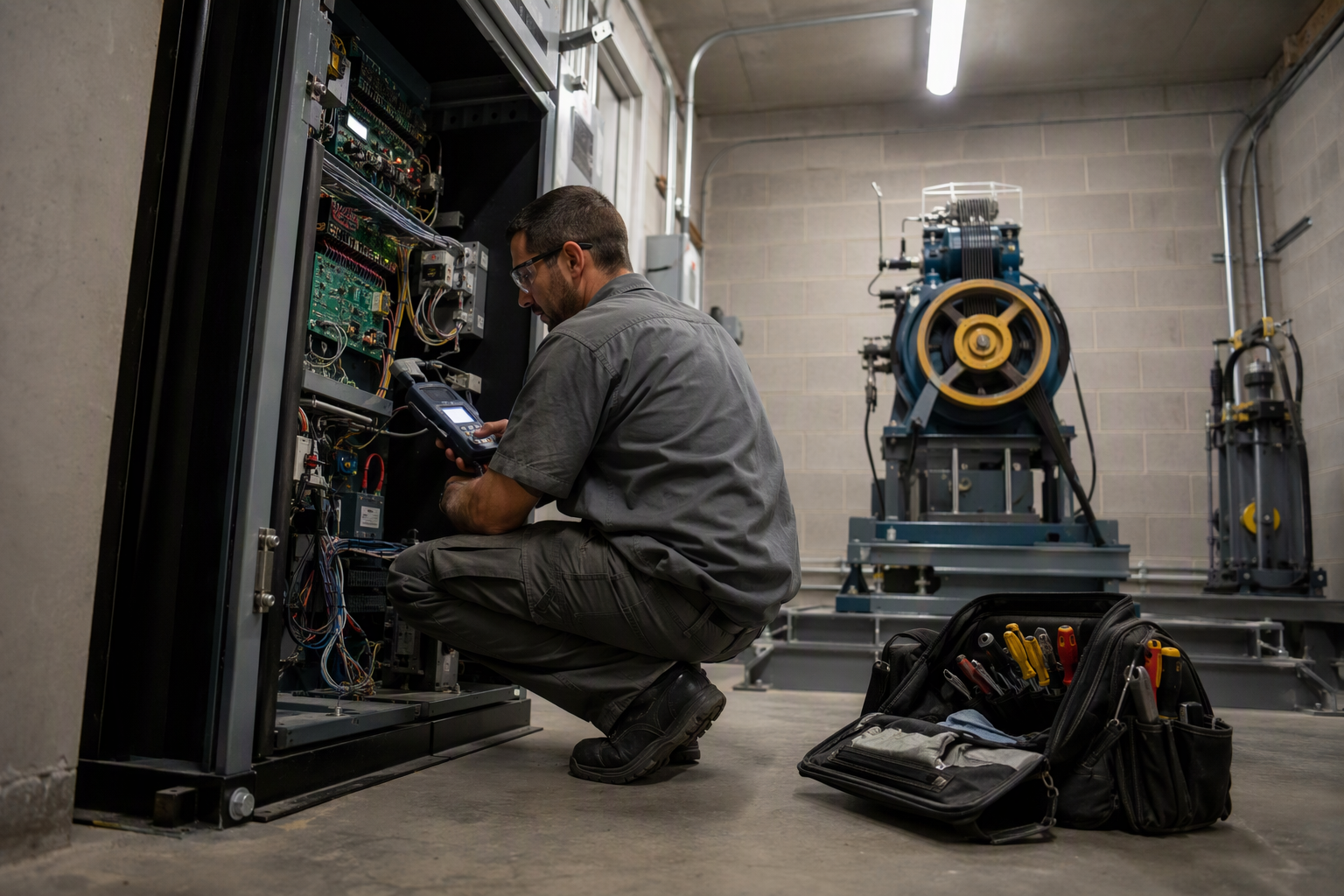 Elevator Machine Room Service and Inspection Coverage Elevator technician inspecting controller equipment in a Scottsdale AZ commercial building machine room during a maintenance contract service visit