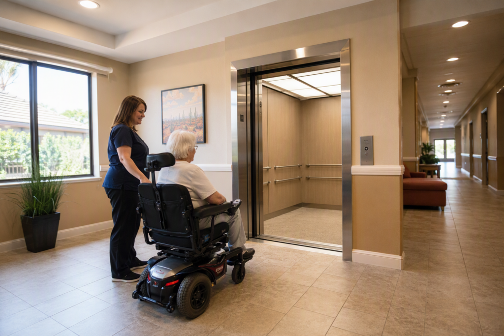 Wheelchair-accessible elevator lobby in a Phoenix-area senior living facility showing open cab with three-wall handrails and a resident approaching in a power wheelchair
