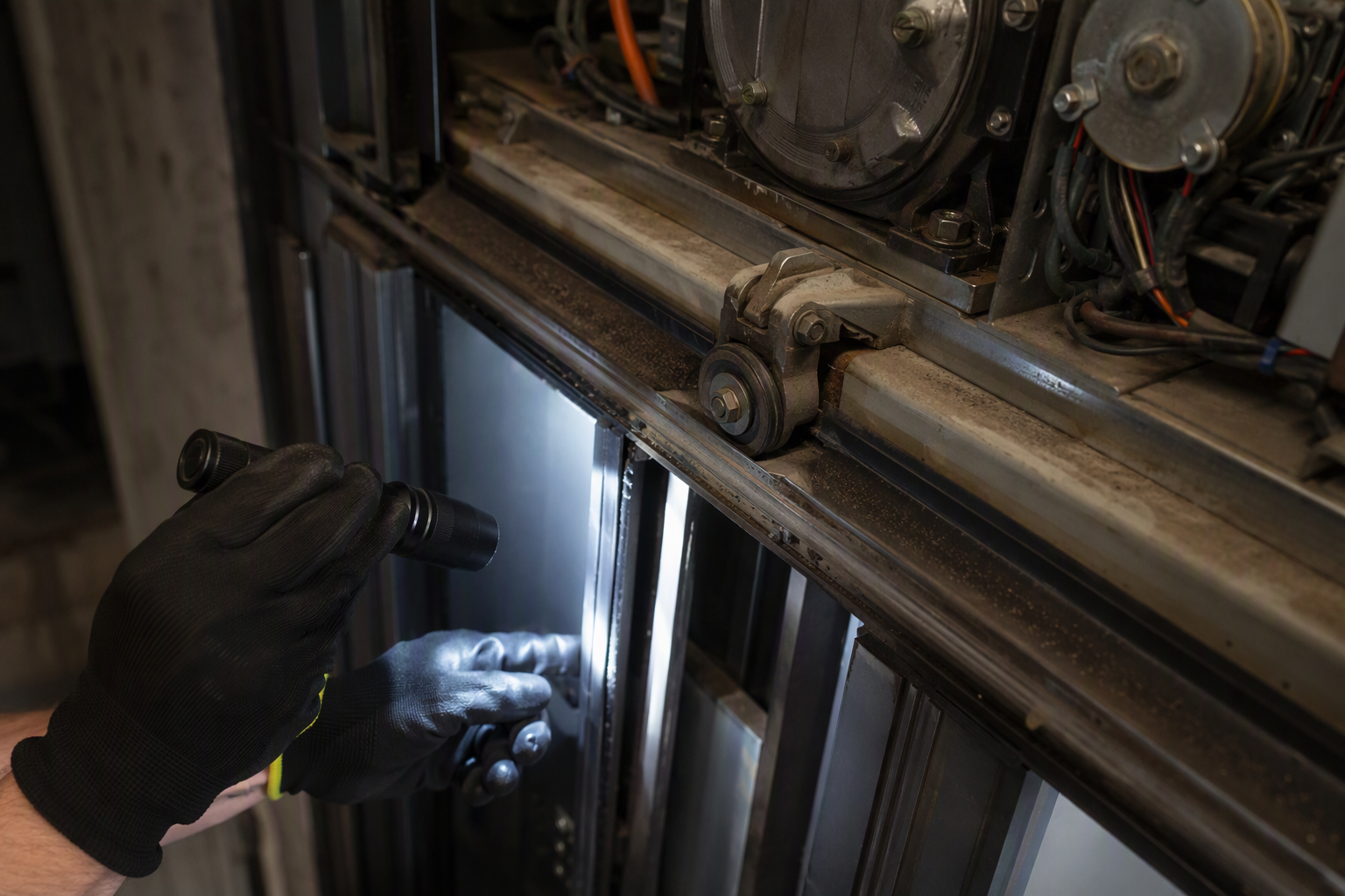 Close-up of a worn elevator door operator and roller track being inspected by a technician in an assisted living building showing a common elevator failure point