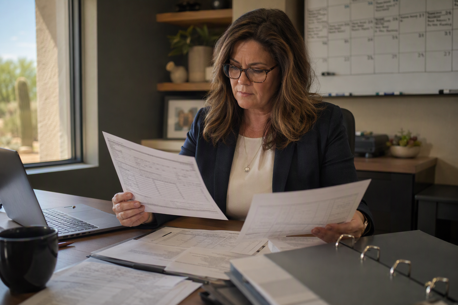 Facility manager at a Scottsdale assisted living building reviewing elevator maintenance logs and Arizona annual inspection compliance paperwork at her desk