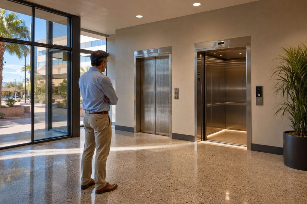 Phoenix commercial building lobby showing an aging elevator alongside a newly modernized unit, helping owners decide whether to repair or modernize their commercial elevator.