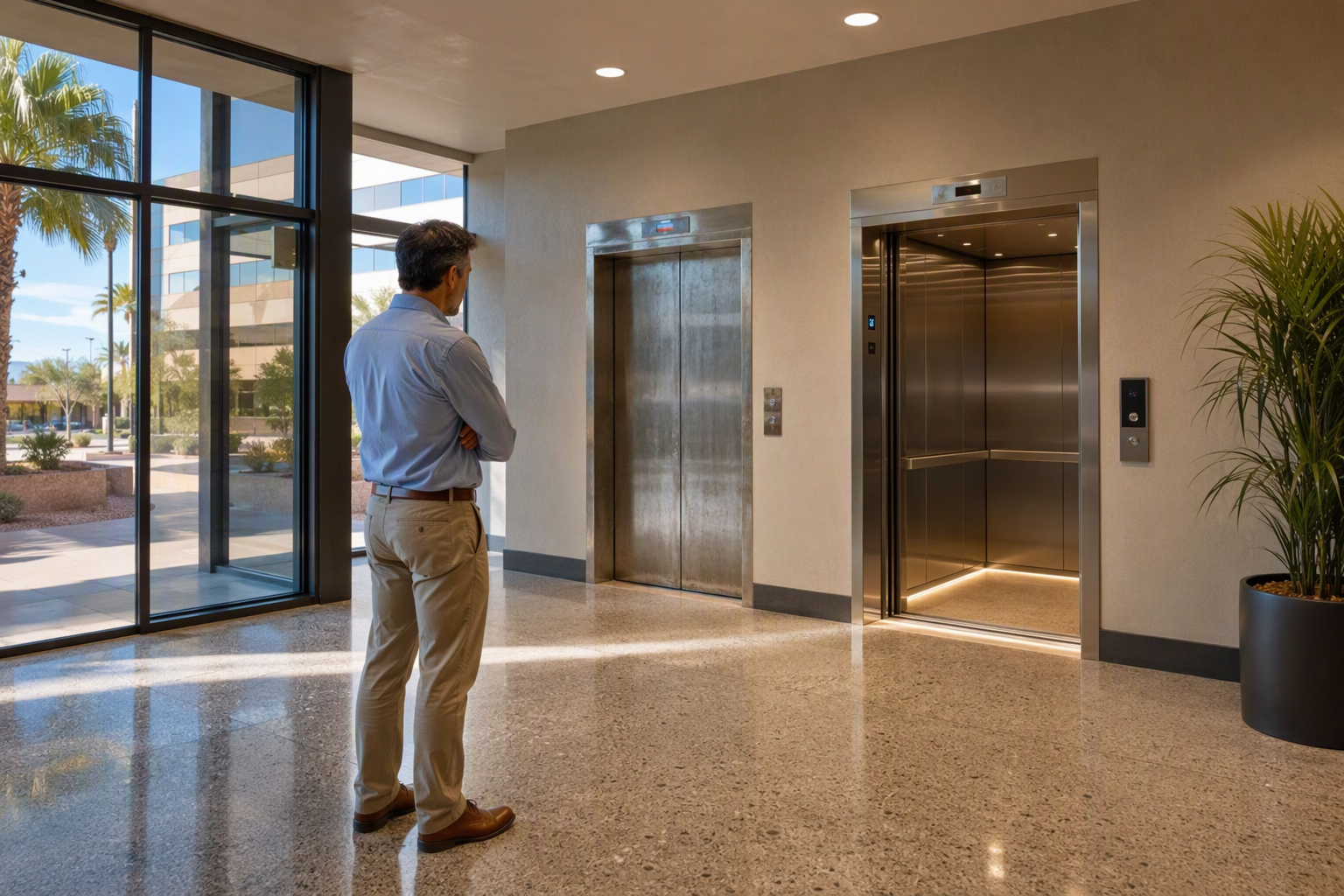 Phoenix commercial building lobby showing an aging elevator alongside a newly modernized unit, helping owners decide whether to repair or modernize their commercial elevator.