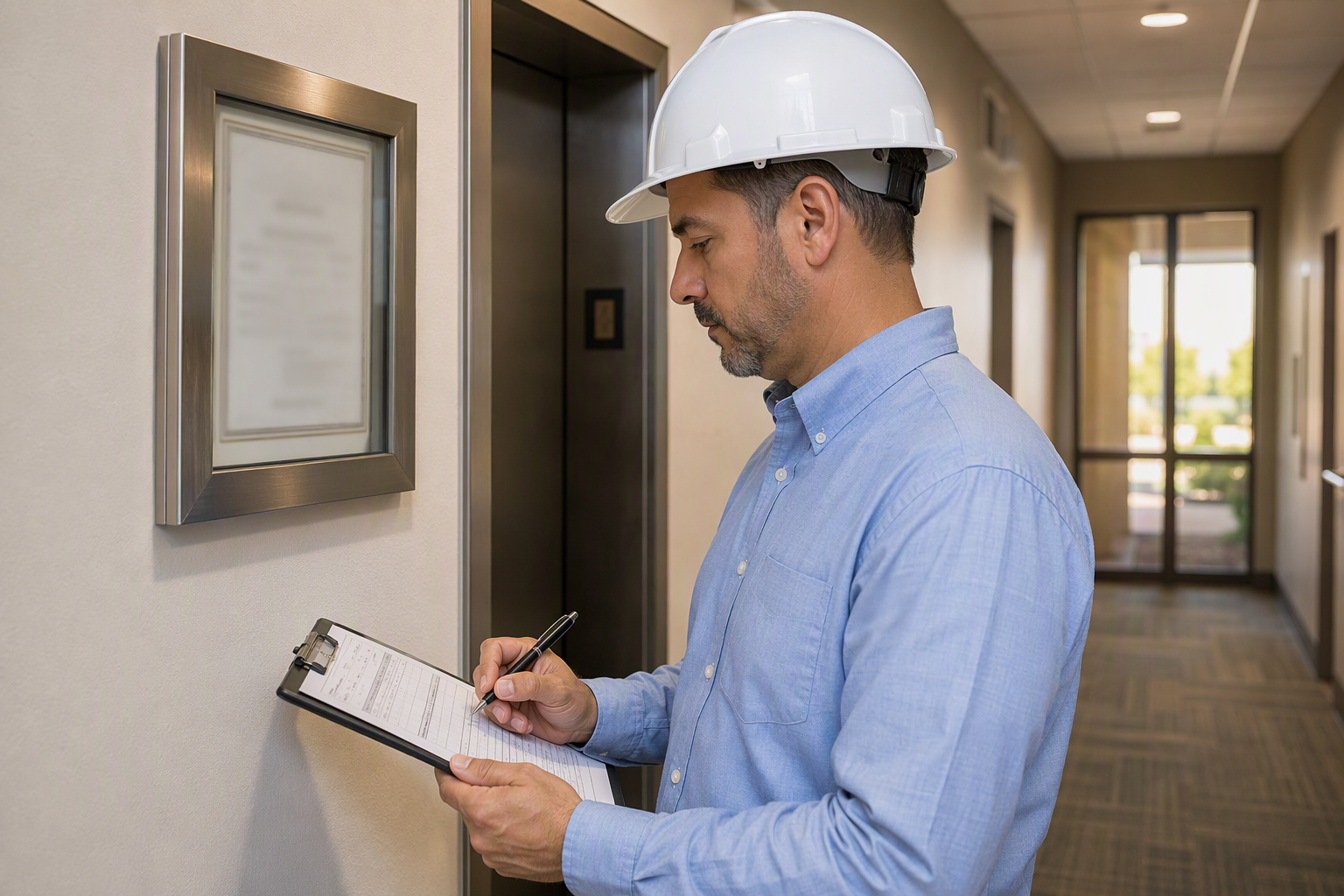 Elevator compliance inspector reviewing an Arizona Industrial Commission inspection certificate beside a commercial elevator door in Phoenix, a required step before any repair or modernization work.