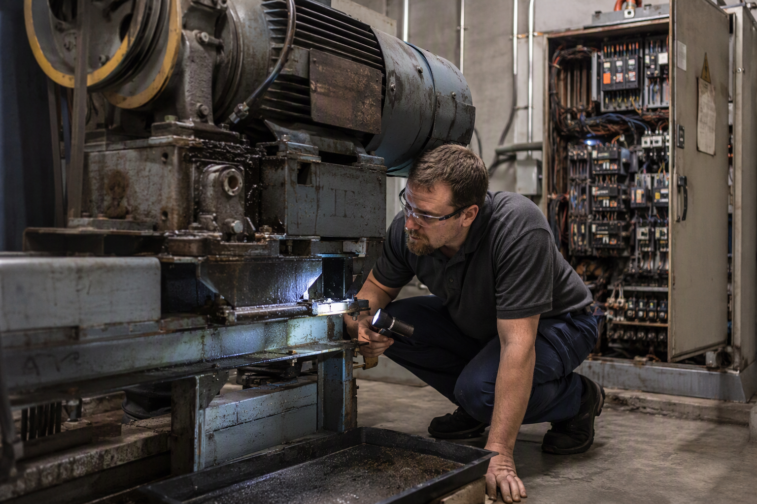 Licensed elevator mechanic inspecting a worn traction machine and open controller cabinet in an Arizona machine room during a major component failure evaluation