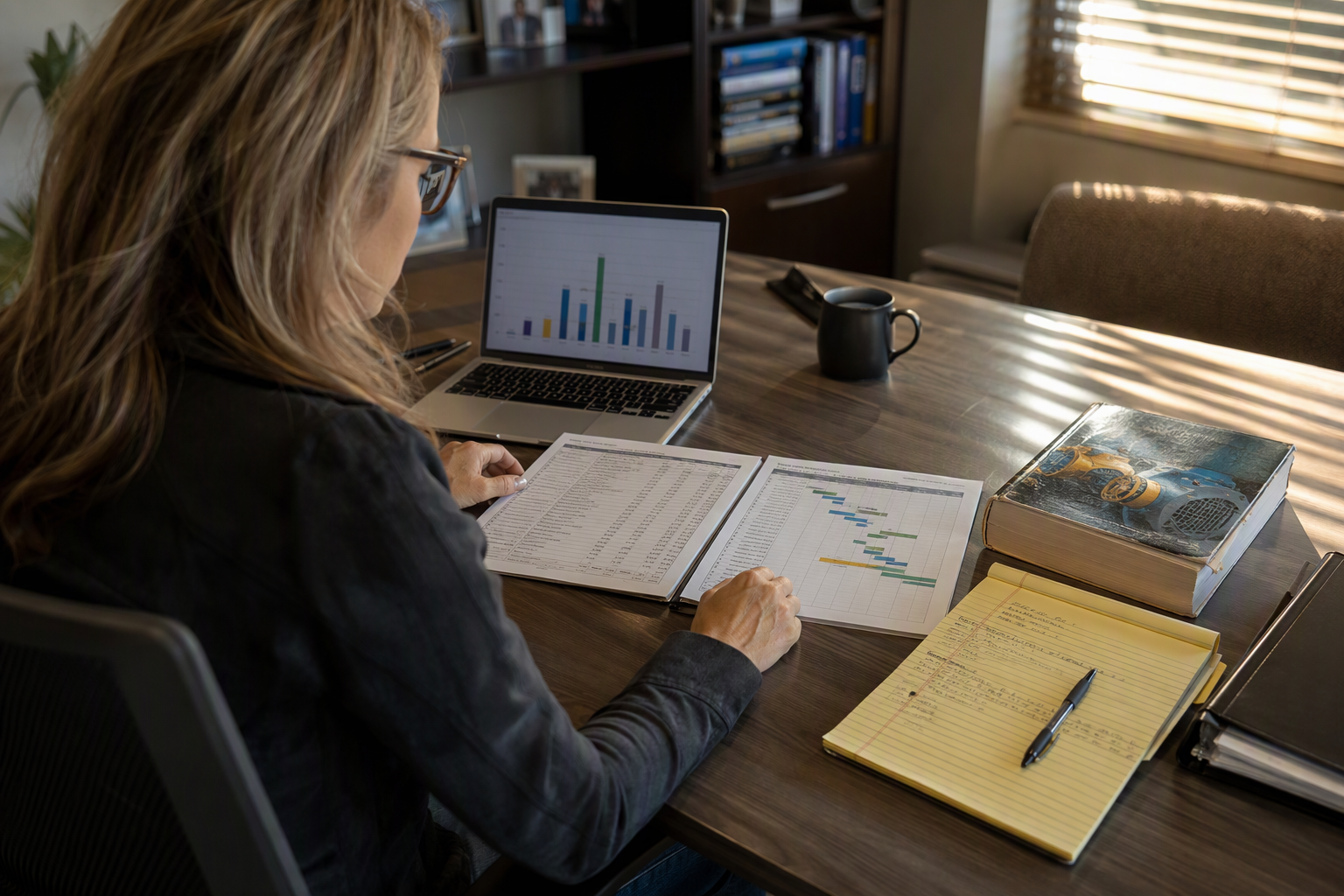 Facilities director in a Scottsdale AZ office comparing elevator repair cost spreadsheets against modernization budget projections with a laptop bar chart visible