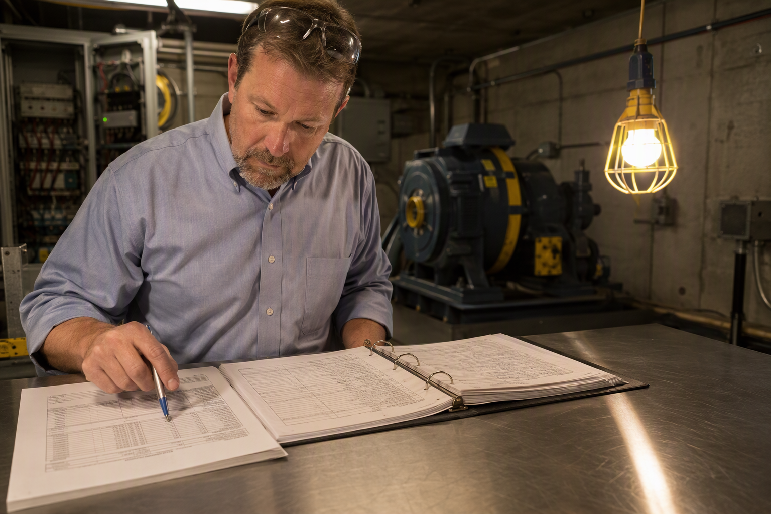 Facility manager reviewing elevator lifecycle assessment and maintenance logs in a machine room to determine whether repair, modernization, or full replacement is the right decision.