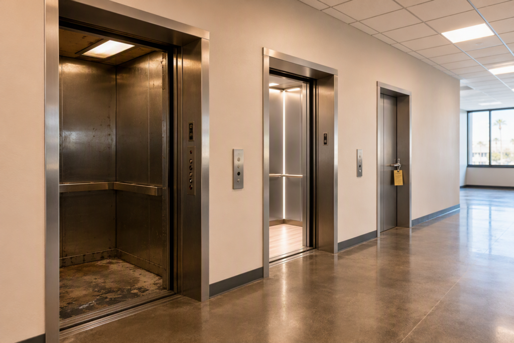 Side-by-side elevator cabs in a Phoenix office building showing a worn original cab, a newly modernized cab interior, and an out-of-service unit — illustrating the repair vs modernize vs replace decis