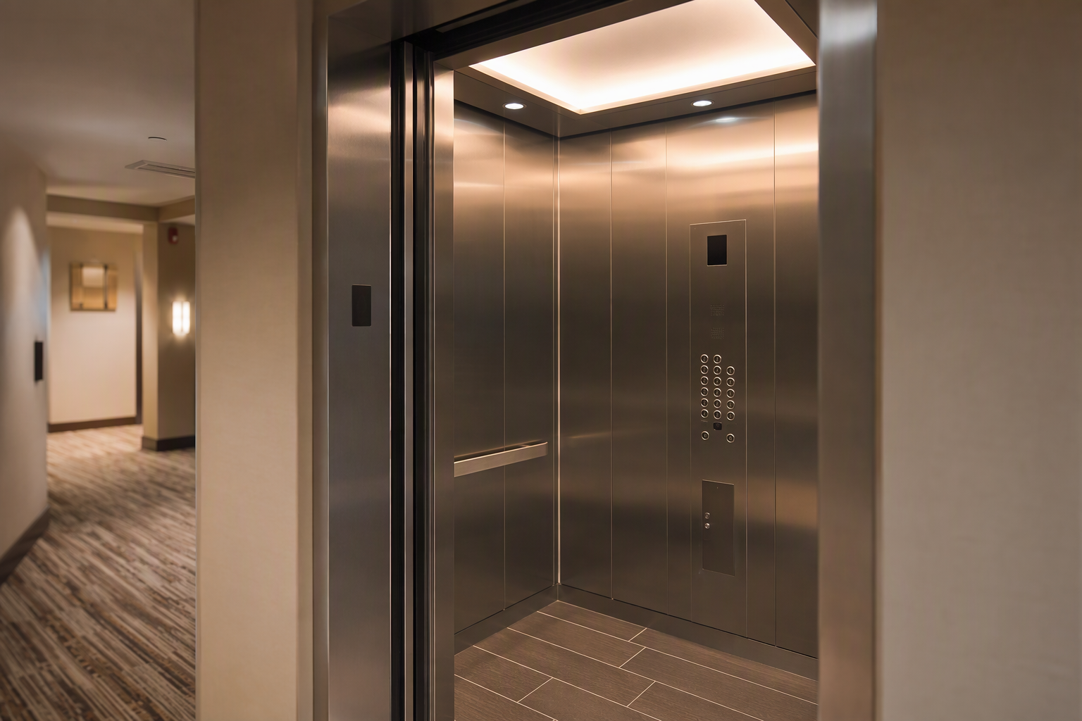 Newly modernized elevator cab interior in a Scottsdale Arizona building featuring LED lighting, brushed stainless panels, and updated fixtures — a common outcome of elevator modernization over full re