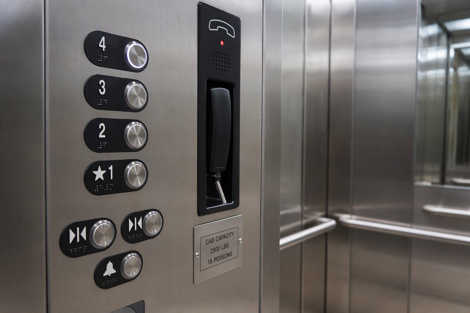 Close-up of ADA elevator control panel with Braille buttons, emergency phone, and capacity placard inside an assisted living facility cab meeting ASME A17.1 and ADA code requirements