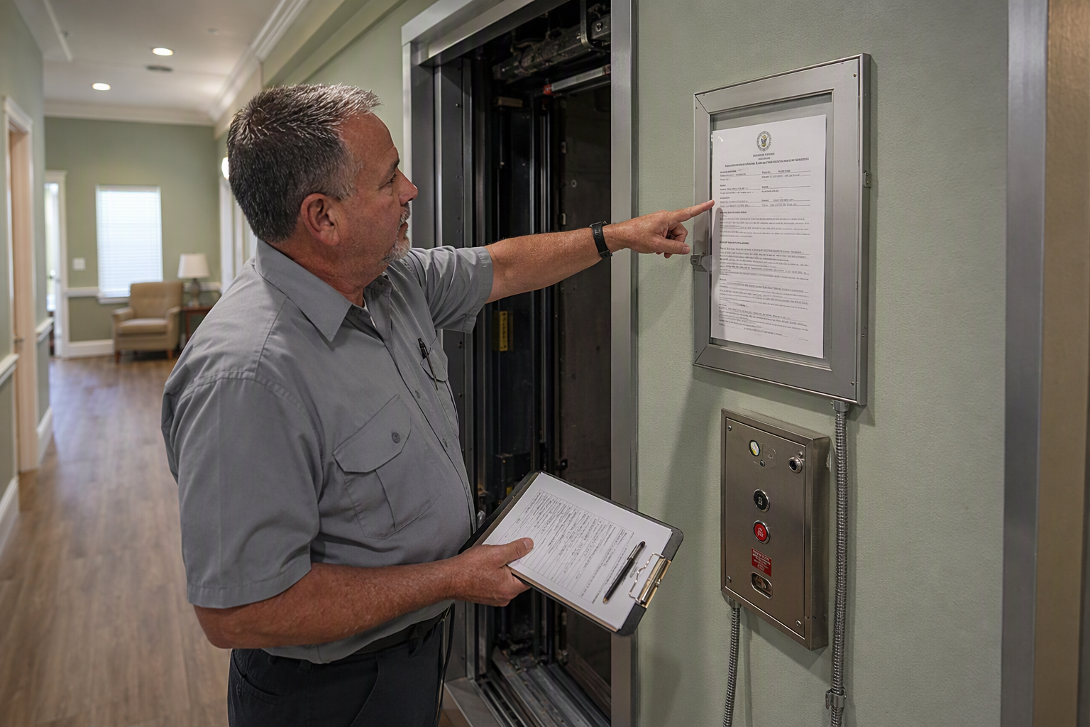 Licensed elevator inspector reviewing the Arizona state certificate of inspection posted beside an assisted living facility elevator, verifying annual compliance under A.R.S. 23-491