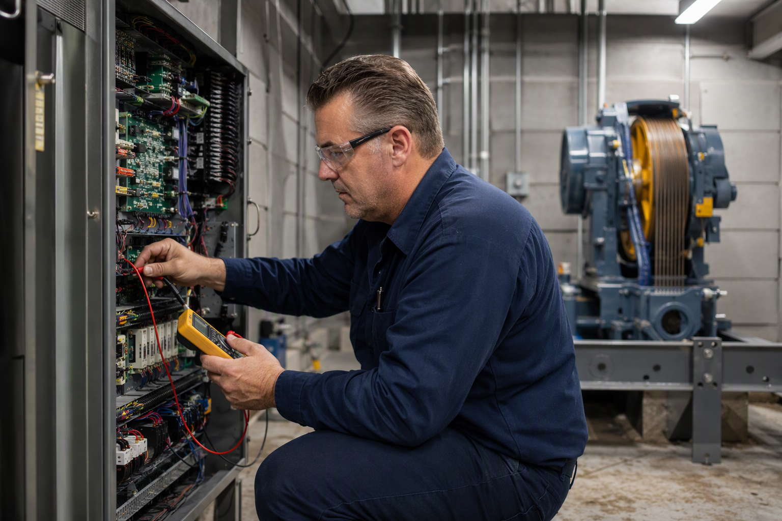 Elevator technician diagnosing door safety and controller systems in a machine room at an Arizona assisted living facility as part of priority upgrades for resident safety