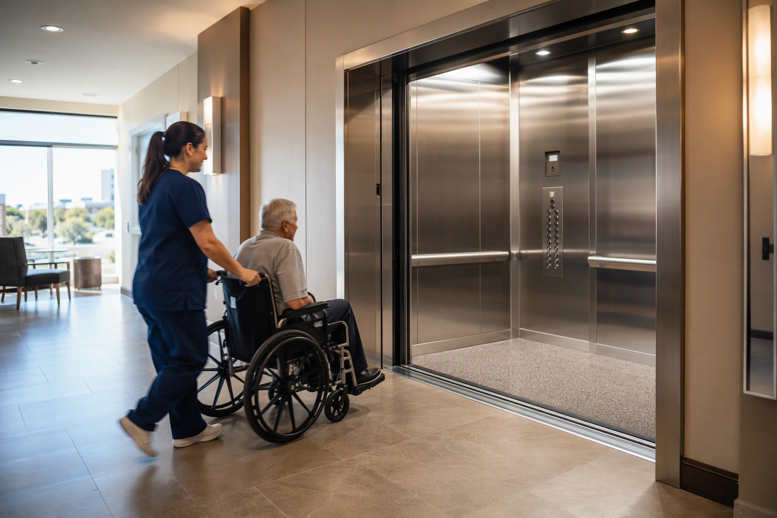Wide view of an accessible elevator in a Phoenix Arizona senior living facility with open stainless doors, ADA-height controls, and wall handrails for resident safety compliance