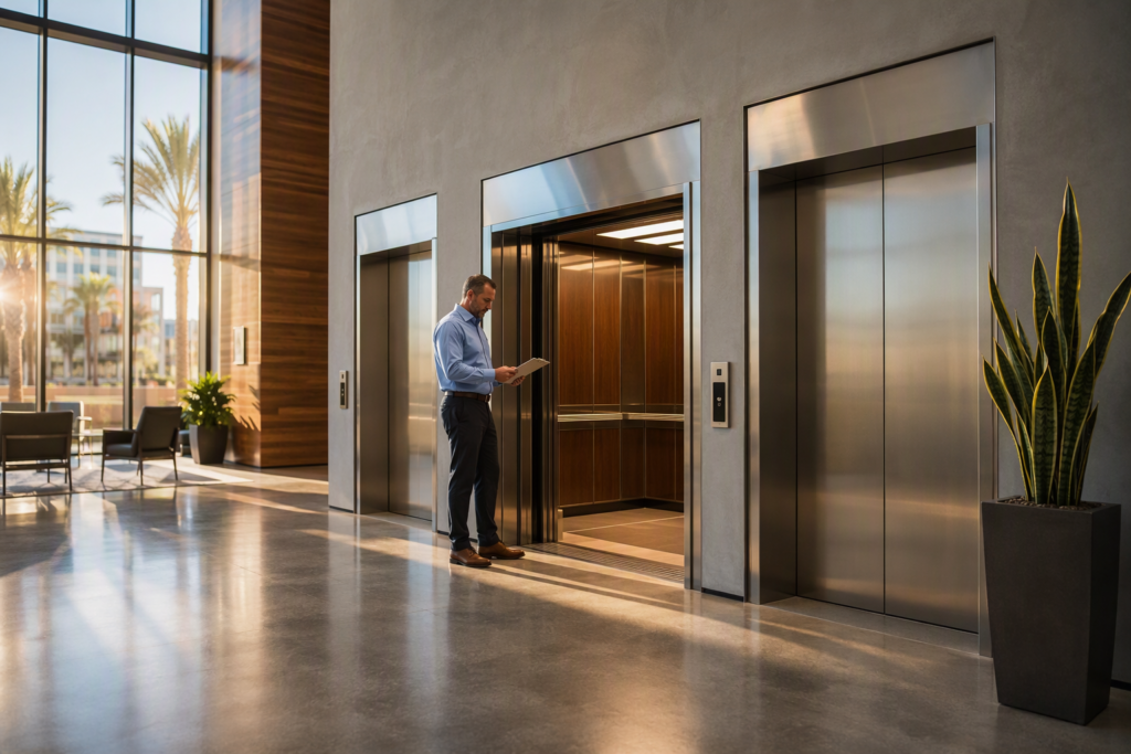 Professional elevator solutions service in a Phoenix AZ commercial office building lobby, showing three stainless-steel elevator doors and an open cab interior