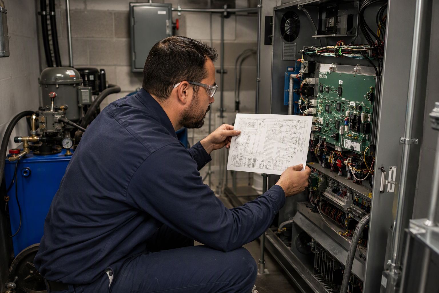 Elevator technician inspecting machine-room controller equipment to ensure Arizona ICA compliance and legal inspection certificate requirements are met