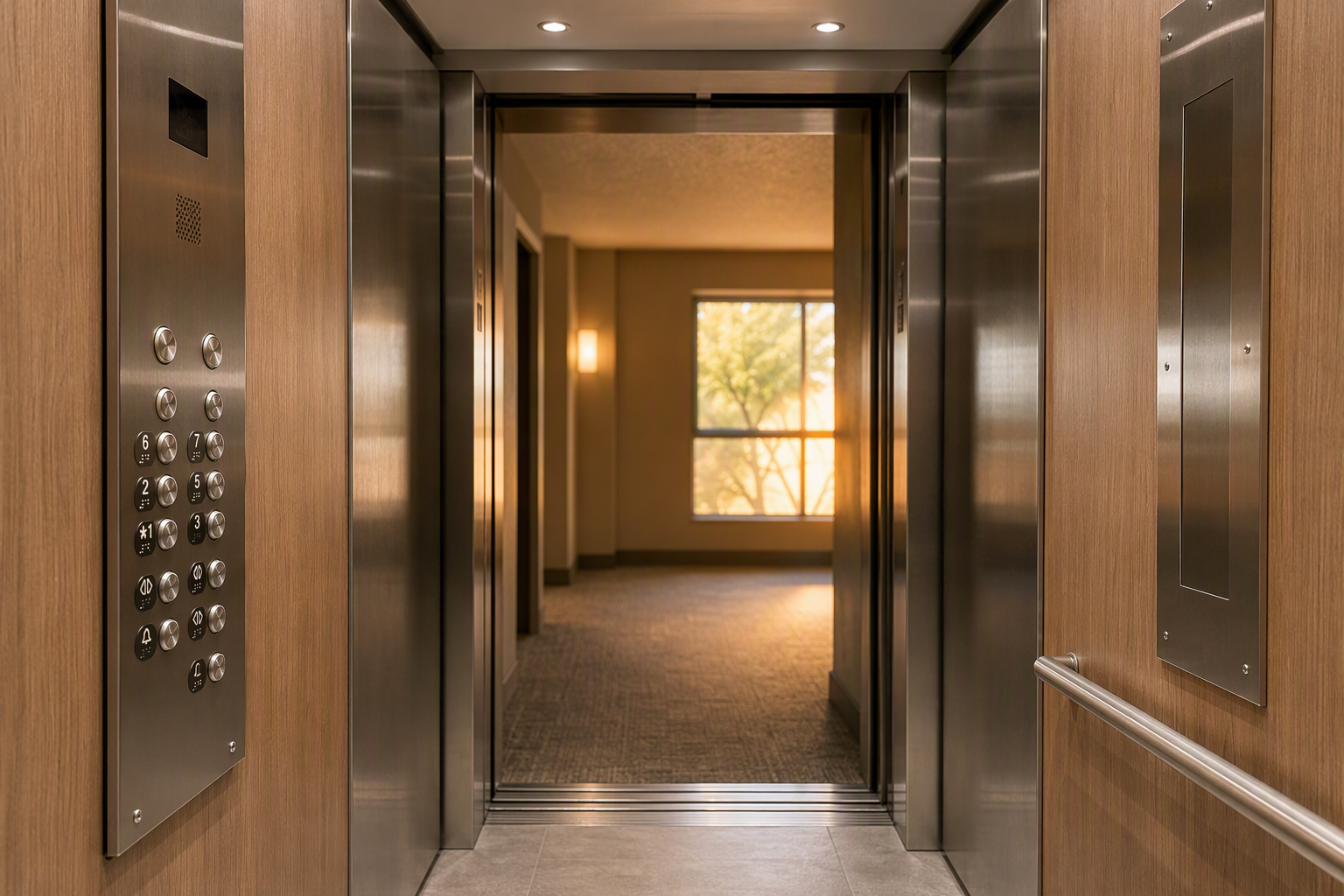 Modernized elevator cab interior in a Scottsdale AZ residential building showing new LED fixtures, brushed-steel panels, and ASME A17.1 compliant button array