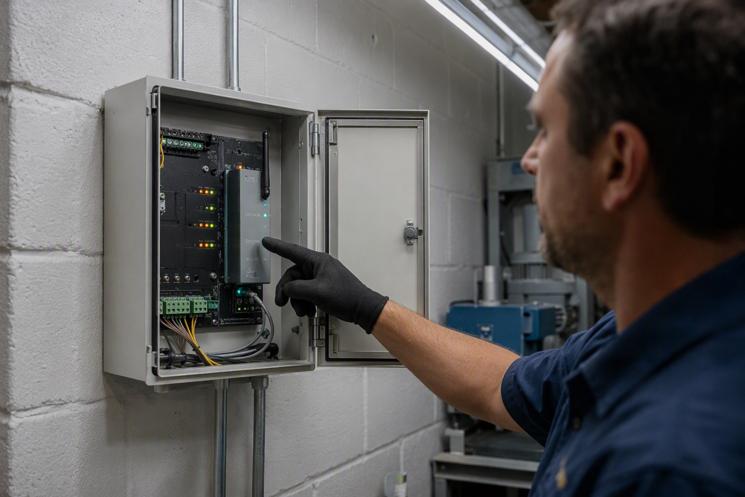 Elevator emergency communication controller in a Scottsdale AZ machine room showing active status LEDs confirming dispatcher connection is functioning correctly.