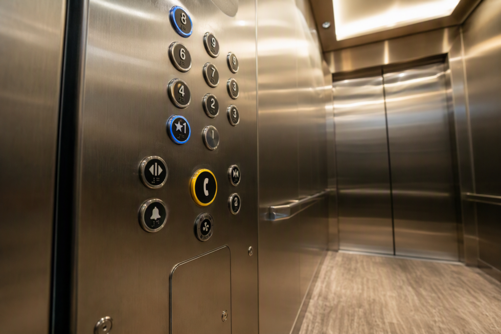 Emergency call button on a commercial elevator control panel in Phoenix AZ, showing telephone symbol used to connect to a live dispatcher for two-way communication.