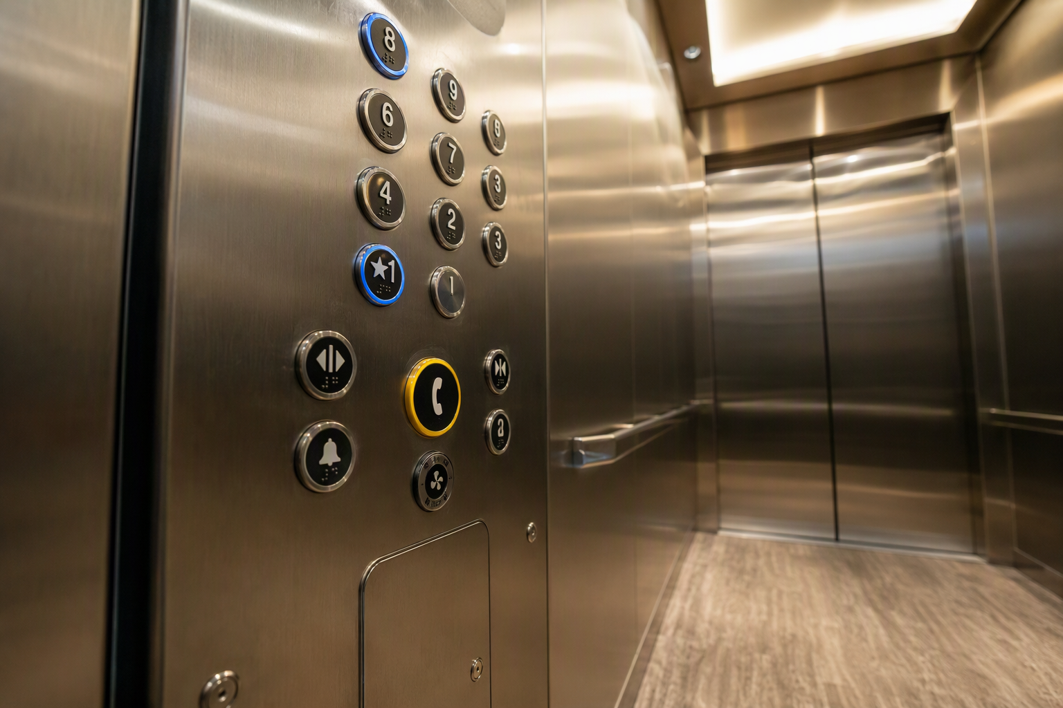 Emergency call button on a commercial elevator control panel in Phoenix AZ, showing telephone symbol used to connect to a live dispatcher for two-way communication.