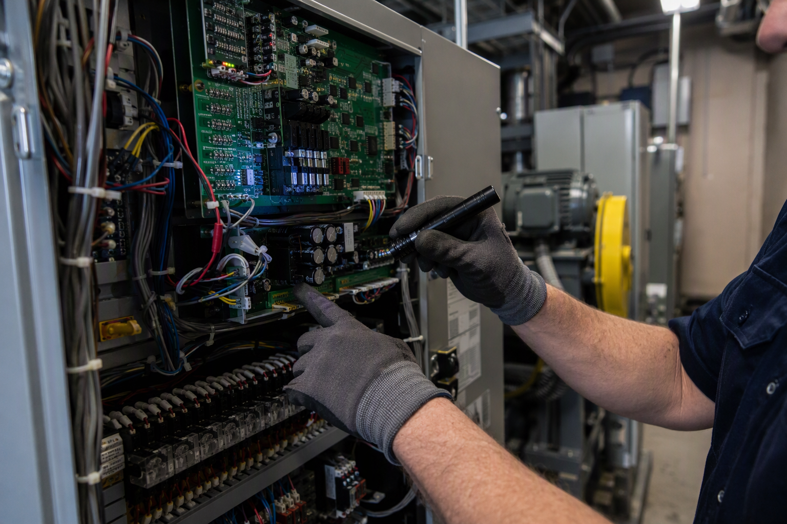 Elevator technician inspecting controller components inside a commercial machine room to determine whether a repair part is covered under a Phoenix AZ service contract