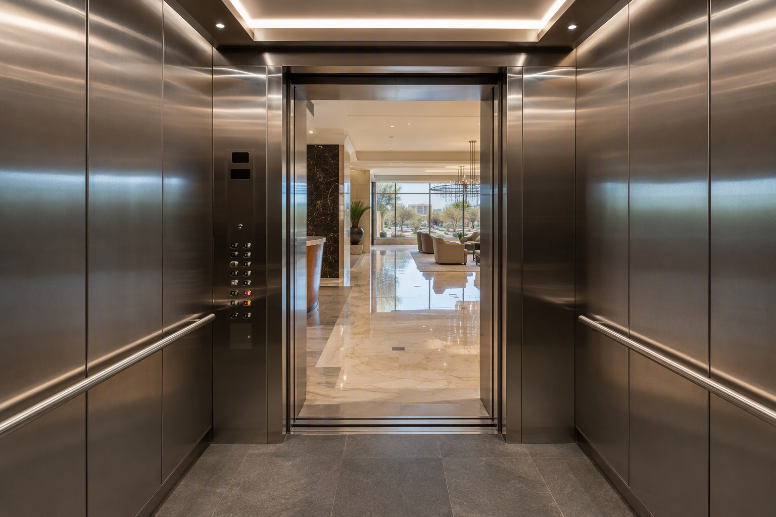 Modernized commercial elevator cab interior in Scottsdale AZ showing updated fixtures that may fall outside original service contract coverage for repair pricing purposes