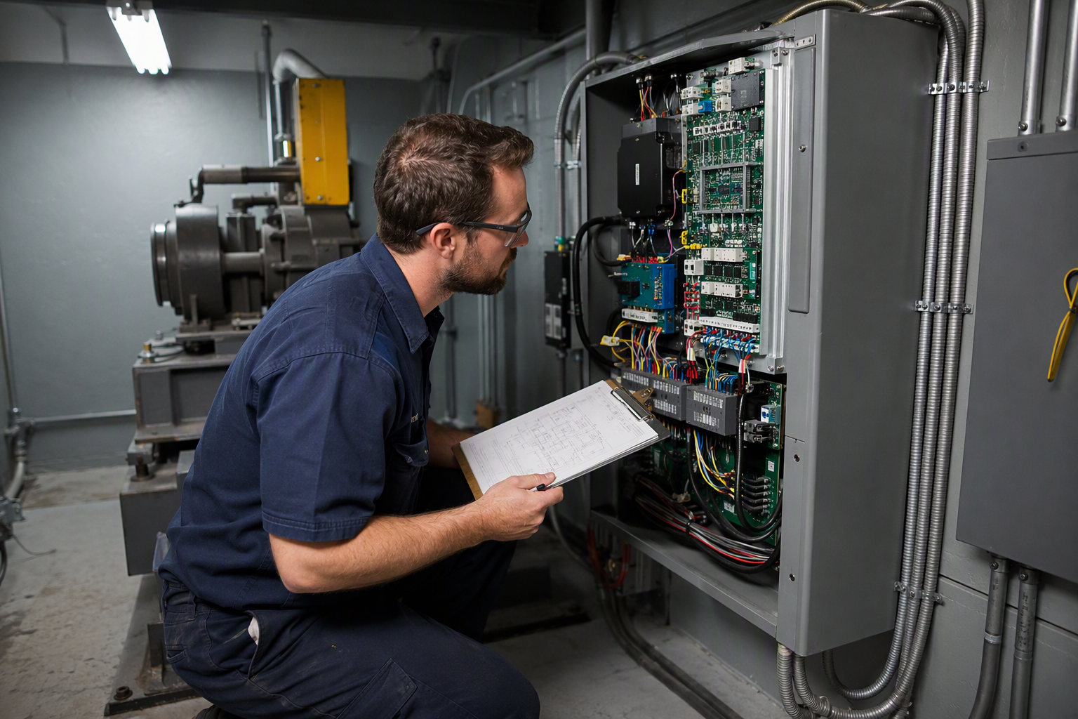 Elevator technician inspecting a commercial elevator motor controller in a Mesa Arizona machine room, reviewing speed and capacity specifications against code requirements.